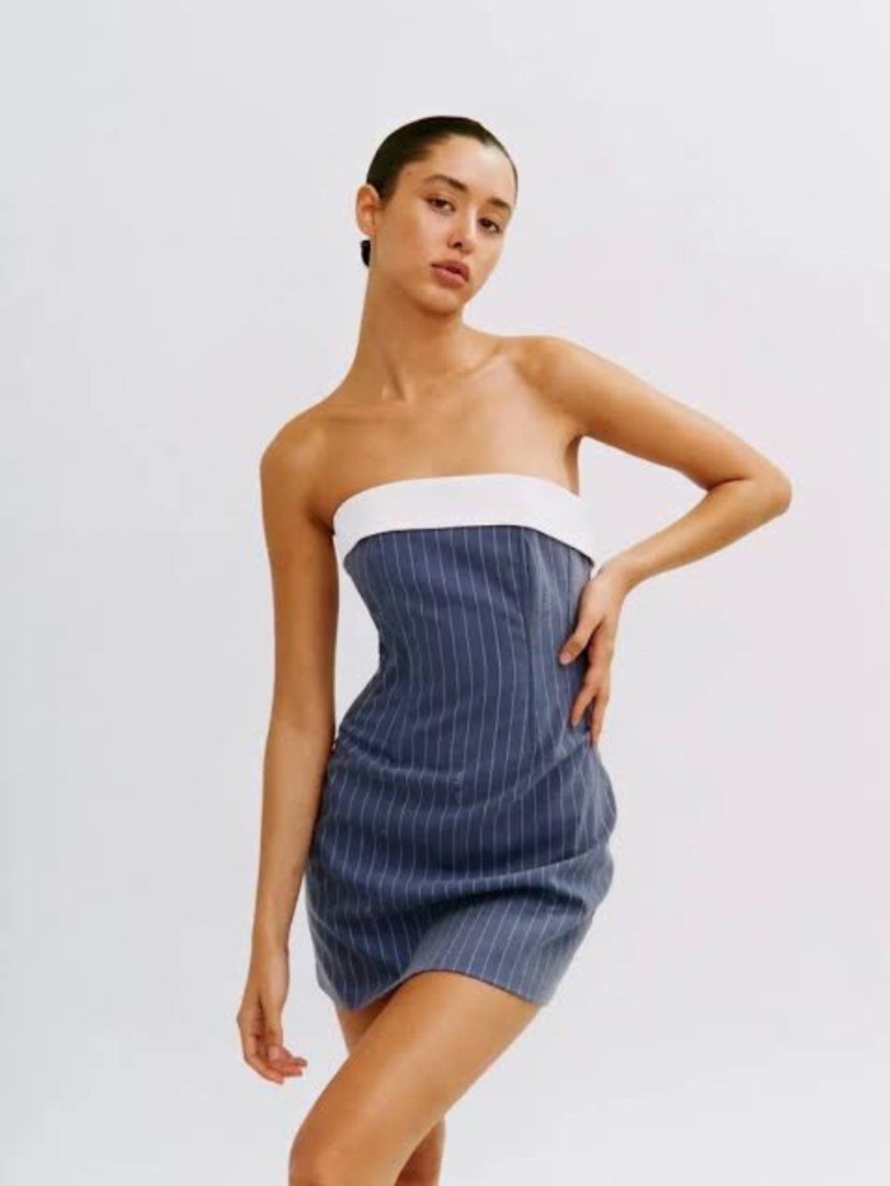 With Jean Navy Pinstripe Strapless Mini Dress M